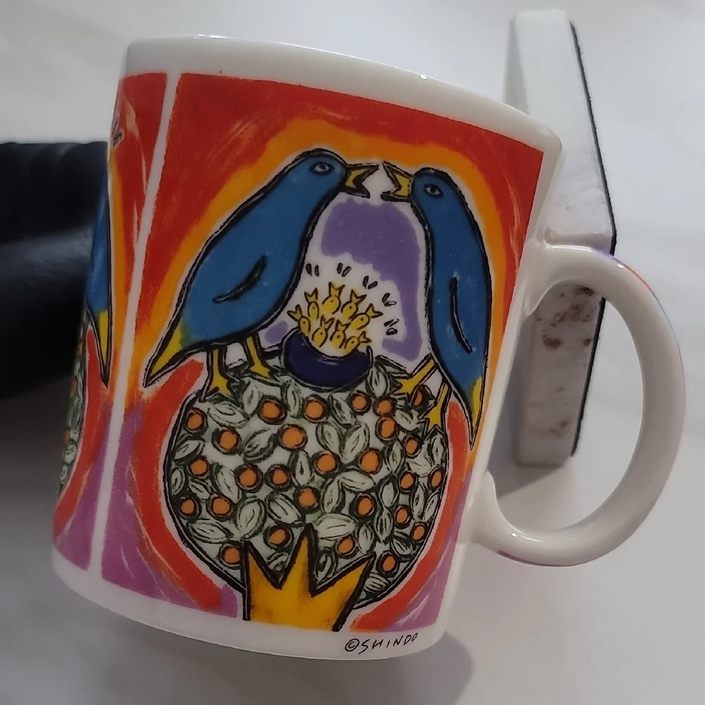 Vibrant Colorful Birds Art Mug by Artist Keiko Shino